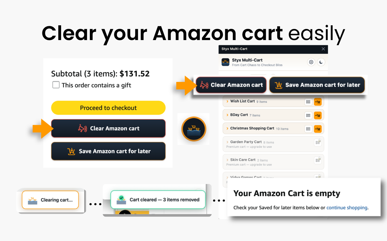 Clearing an Amazon cart with Styx: the Clear Amazon cart and Save Amazon cart for later buttons, a clearing-in-progress toast, and the emptied cart