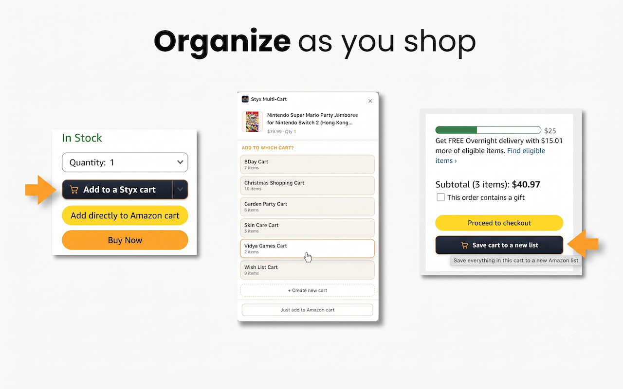 An Amazon product page with a branded 'Add to a Styx cart' button and a picker choosing which cart to add the item to